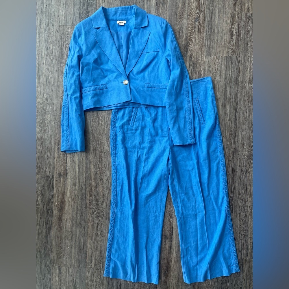 Jason Wu | Crop Button Front Blazer Wide Leg Pant Matching Set Blue Linen Blend - Picture 2 of 11